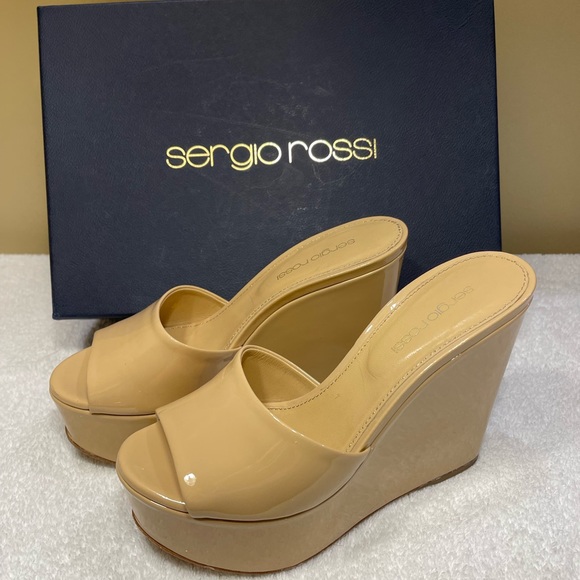 Sergio Rossi Shoes - Sergio Rossi Lakeesha Patent Leather Wedge Slide Sandal Size 6.5 Nude